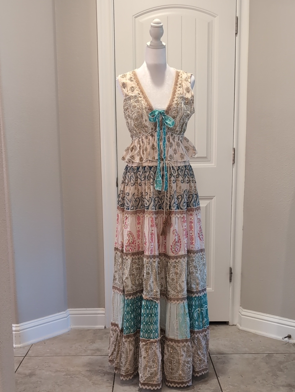 Bohemian Tiered Maxi Skirt & Coordinating Tank Top in Cream with Teal Accents